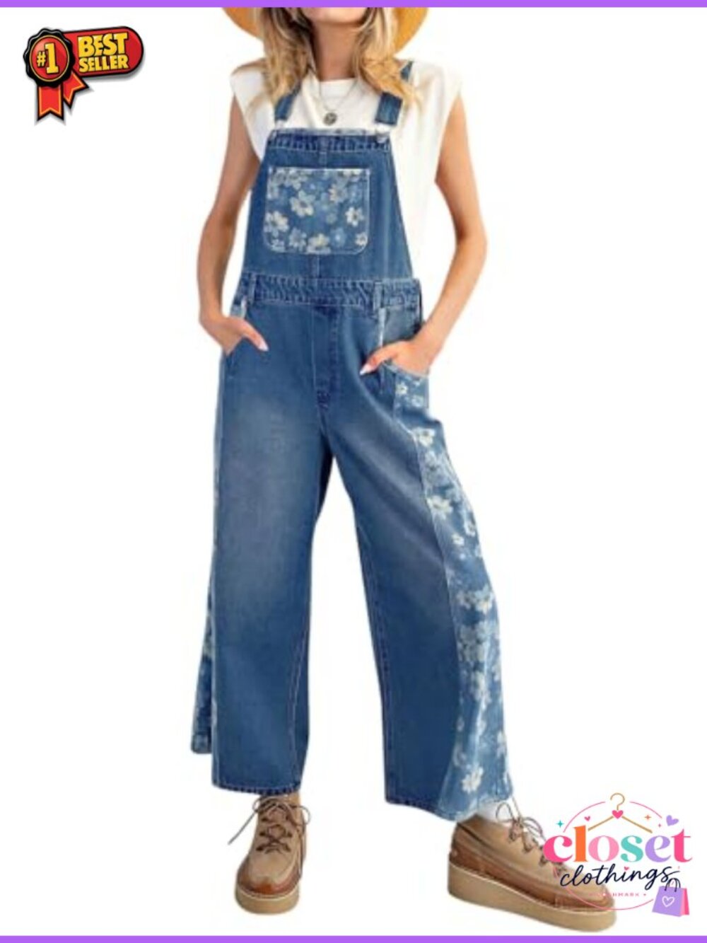 Floral Denim Jumpsuit Adjustable Straps Wide Leg Bib Overalls